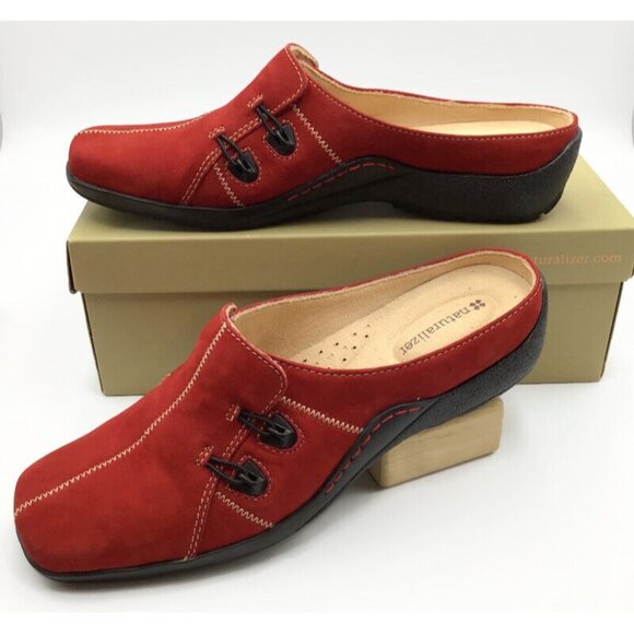 Naturalizer Danae Slip On Mule Shoes Womens 9 Red Suede Cream Stitching Comfort - Picture 1 of 9